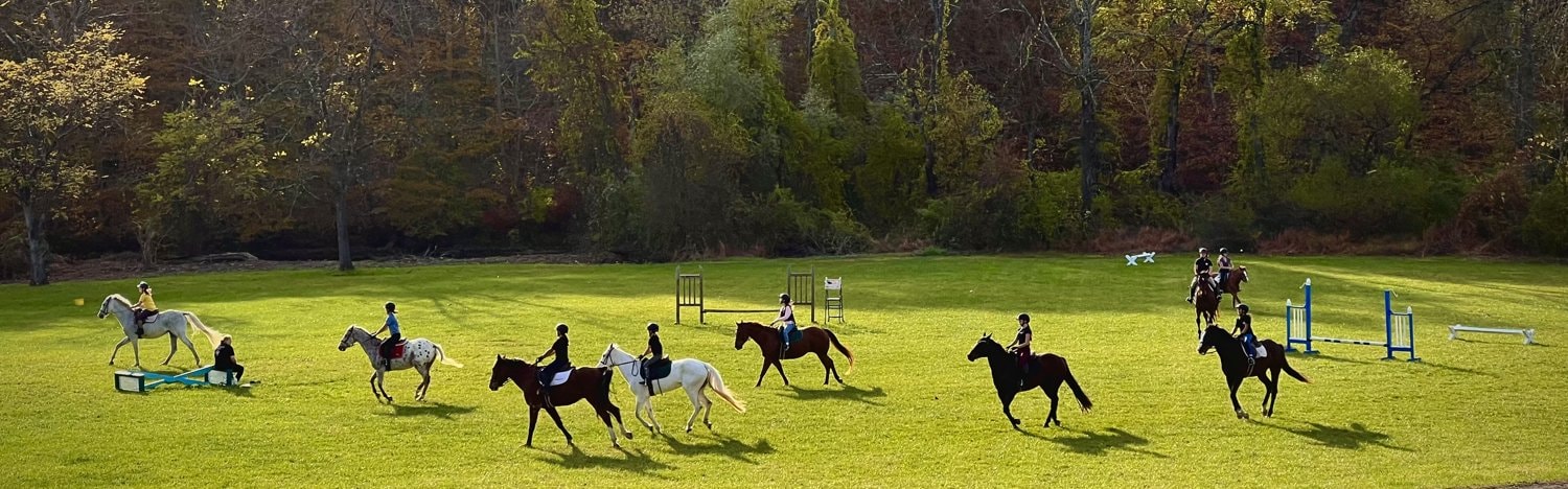 Multiple riders on horses in a sunny outdoor field with jumps at Lionheart Stables